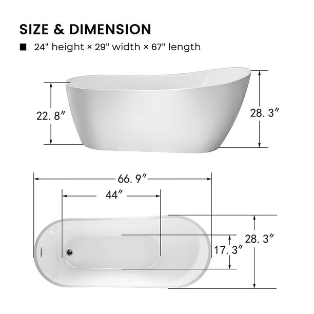 71" Freestanding Bathtub White Acrylic Stone Japanese Ofuro Soaking Bathtub, Stand Alone Soaking Tub with Chrome Finish Slotted Overflow & Pop-up Drain