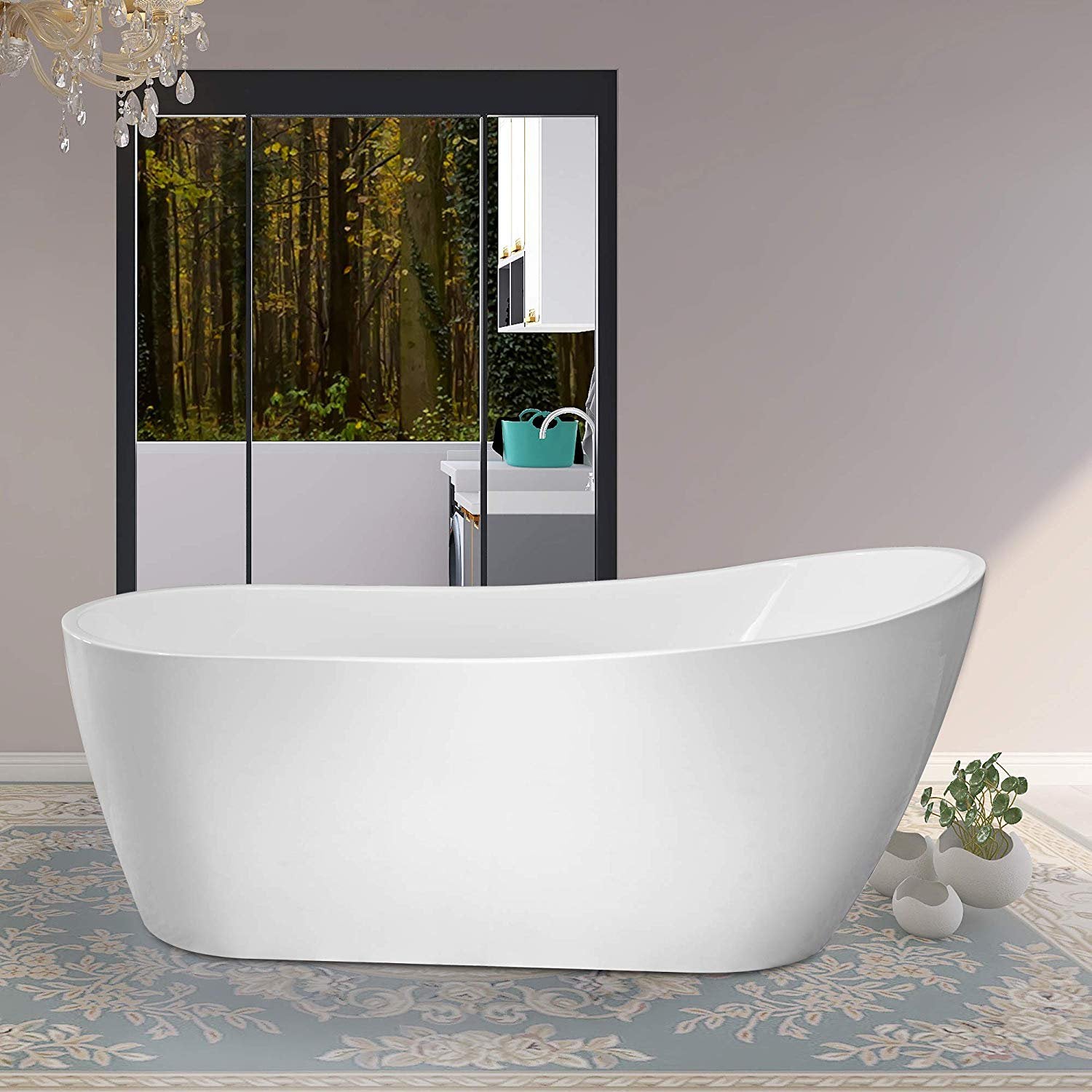 71" Freestanding Bathtub White Acrylic Stone Japanese Ofuro Soaking Bathtub, Stand Alone Soaking Tub with Chrome Finish Slotted Overflow & Pop-up Drain