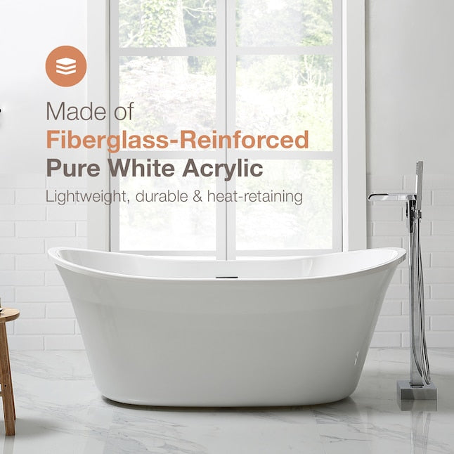 29in x 60in Gloss White Acrylic Oval Freestanding Soaking Bathtub Drain