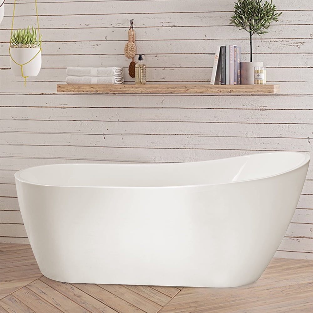 71" Freestanding Bathtub White Acrylic Stone Japanese Ofuro Soaking Bathtub, Stand Alone Soaking Tub with Chrome Finish Slotted Overflow & Pop-up Drain