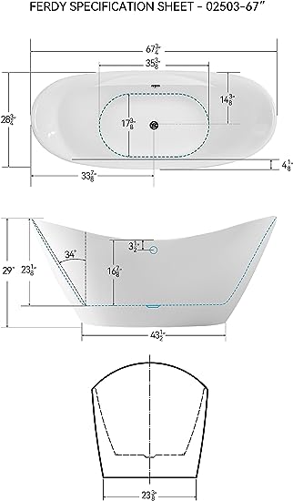 67" Acrylic Freestanding Bathtub, Gracefully Shaped Freestanding Soaking Bathtub, Glossy White, cUPC Certified, Toe-Tap Chrome Drain & Classic Slotted Overflow Included