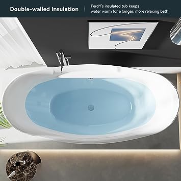 67" Acrylic Freestanding Bathtub, Gracefully Shaped Freestanding Soaking Bathtub, Glossy White, cUPC Certified, Toe-Tap Chrome Drain & Classic Slotted Overflow Included