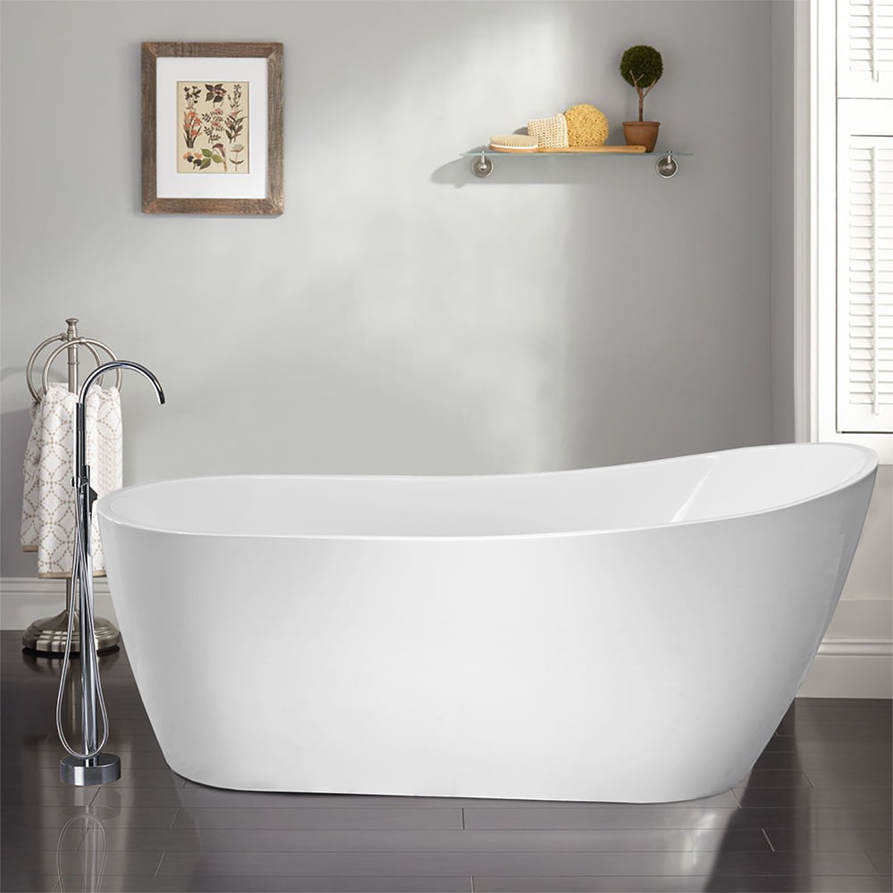 71" Freestanding Bathtub White Acrylic Stone Japanese Ofuro Soaking Bathtub, Stand Alone Soaking Tub with Chrome Finish Slotted Overflow & Pop-up Drain