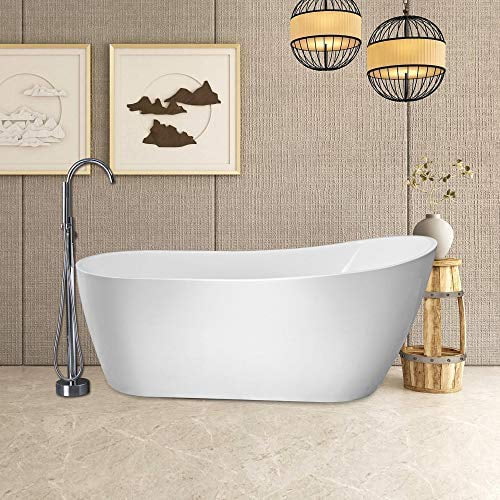 71" Freestanding Bathtub White Acrylic Stone Japanese Ofuro Soaking Bathtub, Stand Alone Soaking Tub with Chrome Finish Slotted Overflow & Pop-up Drain